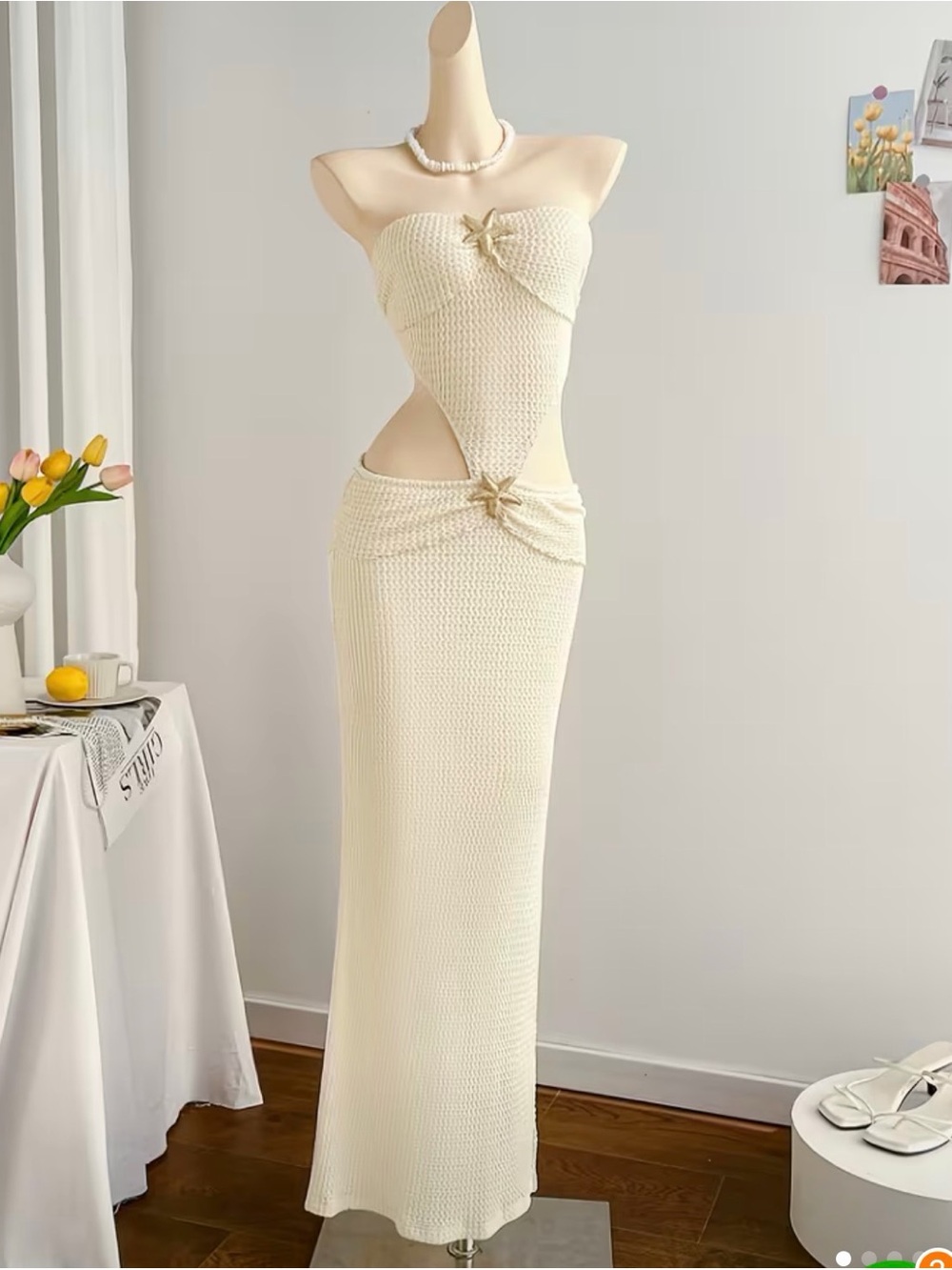 Strapless Cream Cutout Maxi Dress with Star Accent